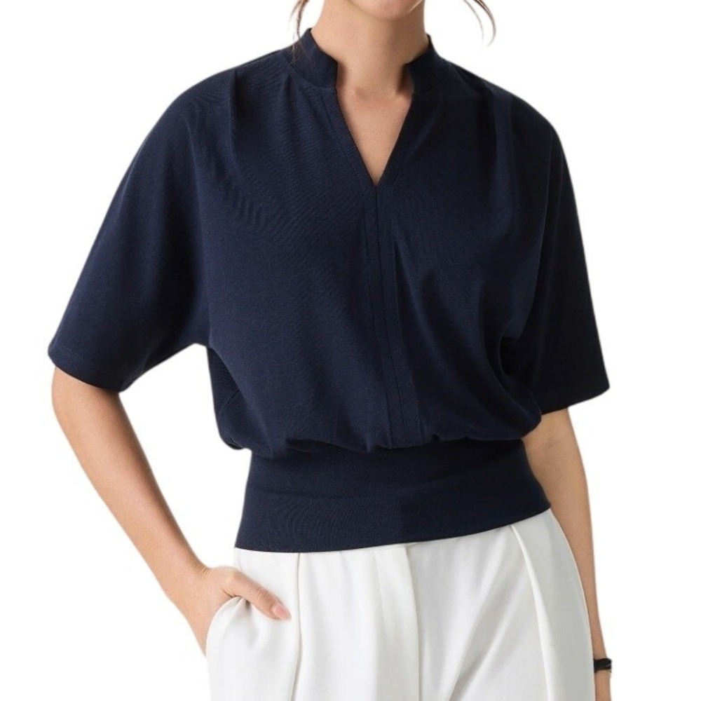 NWT OGL Stand Collar V-Neck Short Sleeve Top S Navy Blue Kimono Banded Hem Soft